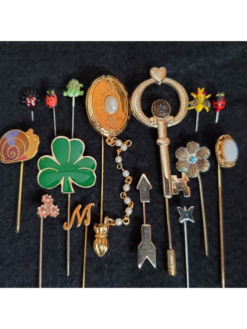 Vintage Stick Pin Lot Avon Locket Miniature Bugs Key Floral